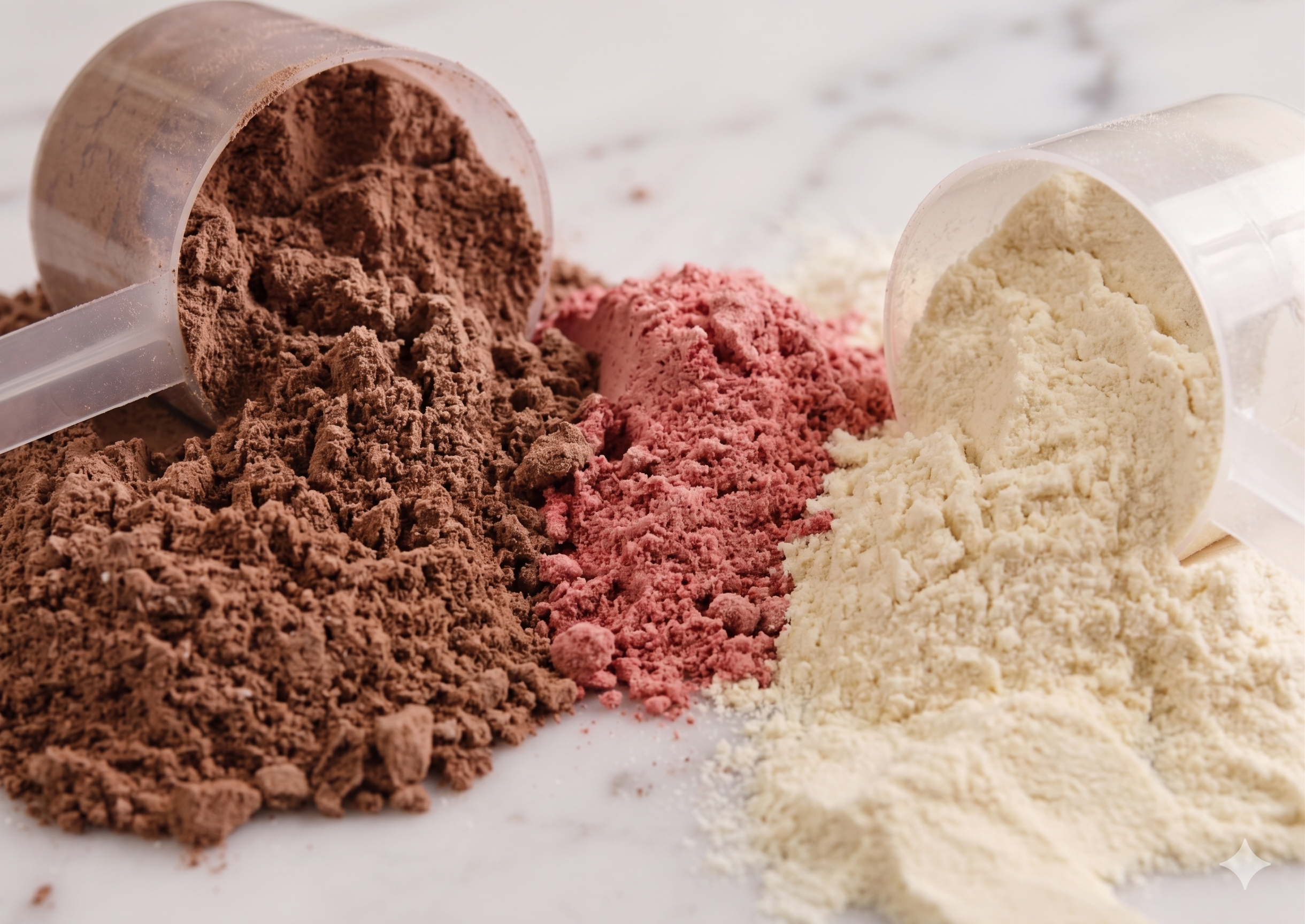 Protein powder in multiple flavors - chocolate, strawberry, and vanilla